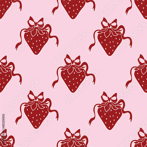 Strawberry Ribbon Bow Tie Coquette Summer Retro Seamless Pattern Repeat Background Textile Design