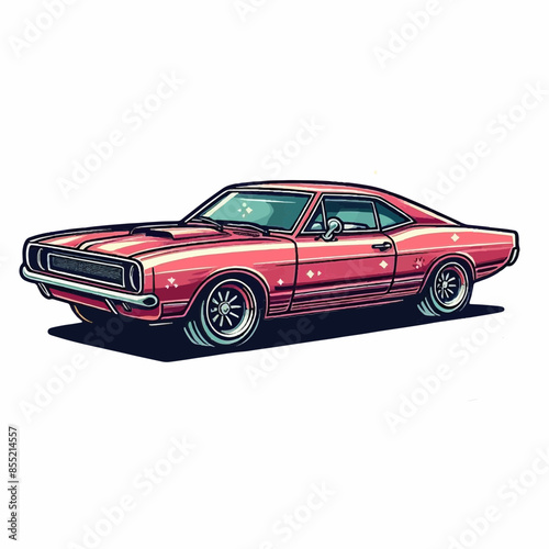 Różowy samochód - wzór w stylu retro, vintage, idealny do druku na naklejkach lub t-shirtach.