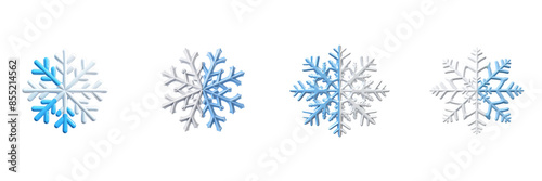 set of a 3D rendered snowflake icon in a simple white and blue plastic style, set against a solid on a transparent background