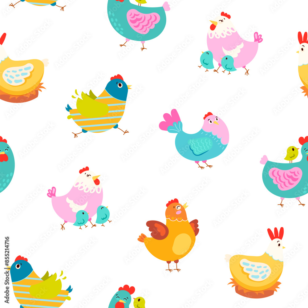 Hen rooster and chick. Seamless pattern. Cute chicken farm characters. Vector drawing. Design ornaments. Hen rooster and chick. Seamless pattern. Cute chicken farm characters. Vector drawing. Design ornaments.