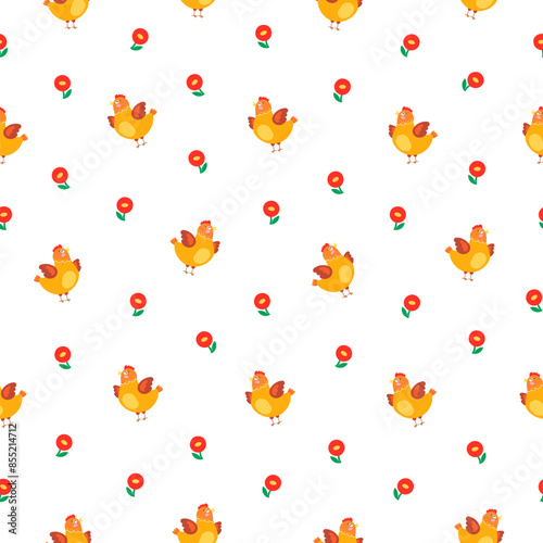 Hen rooster and chick. Seamless pattern. Cute chicken farm characters. Vector drawing. Design ornaments.