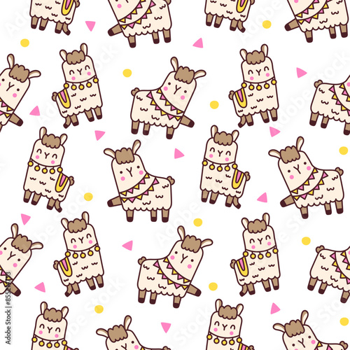 Cute kawaii llama or alpaca. Seamless pattern. Animals cartoon character. Hand drawn style. Vector drawing. Design ornaments.