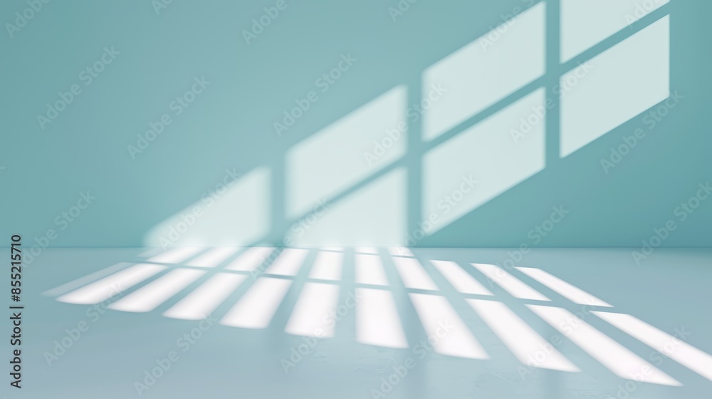 Fototapeta premium Abstract light blue backdrop, minimalistic with window light and shadow play, serene and elegant visual effect