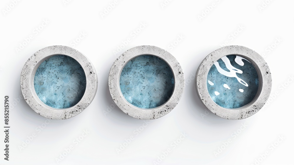 Artistic composition of three water reservoirs, isolated on white, each with unique features and detailed textures, emphasizing the differences in structure and design, clean and crisp Artistic composition of three water reservoirs, isolated on white, each with unique features and detailed textures, emphasizing the differences in structure and design, clean and crisp