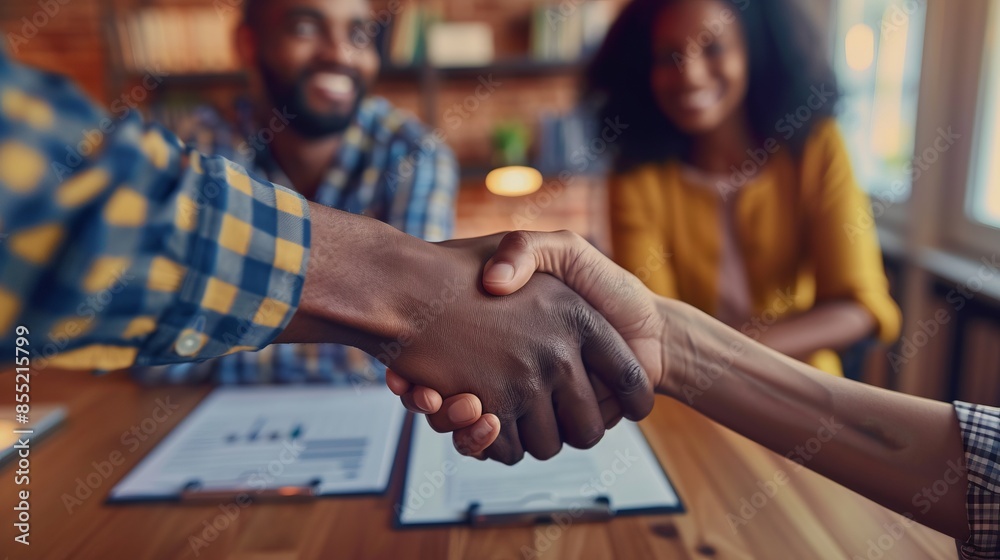 Business handshake between two people in a casual office setting. Conceptual image for teamwork, partnership, and agreement. Vibrant and clear photo perfect for business and collaboration themes. AI. Business handshake between two people in a casual office setting. Conceptual image for teamwork, partnership, and agreement. Vibrant and clear photo perfect for business and collaboration themes. AI.