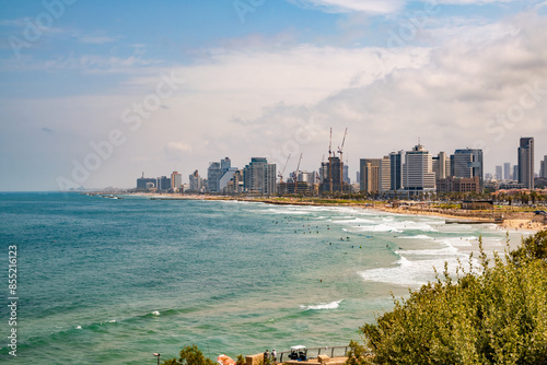 Panoramic view on the coastline and beaches of Tel Aviv from Jaffa city photo