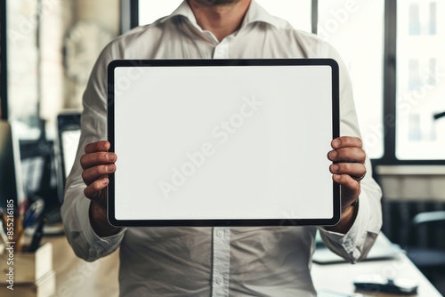 A businessman holds a mockup. iPad digital tablet with blank screen Mockup replaces your design mockup in the office.closeup