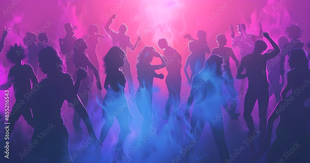 Obraz premium Abstract vector background with silhouettes of people dancing at a party, night club poster design template 