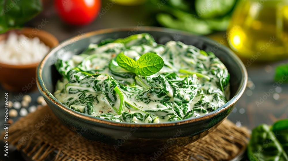 French cuisine. Spinach with cream. 