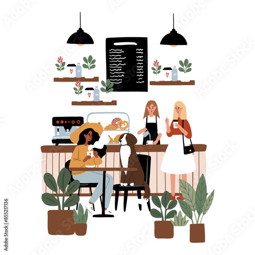 Dog Friendly Cafe Vector Illustrations. Coffee shop scenes with barista prepare beverages clipart. People chat, relax, and work in stylish decor beanery. Dog owners and their canine enjoying tea.
