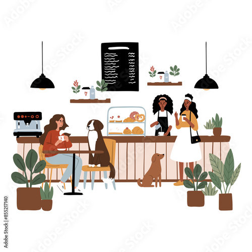 Dog Friendly Cafe Vector Illustrations. Coffee shop scenes with barista prepare beverages clipart. People chat, relax, and work in stylish decor beanery. Dog owners and their canine enjoying tea.