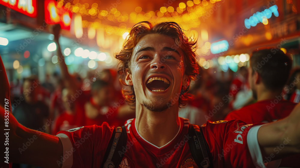 Soccer fans in red celebrating.generative ai Soccer fans in red celebrating.generative ai