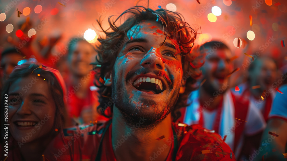 Soccer fans in red celebrating.generative ai Soccer fans in red celebrating.generative ai