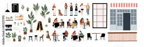 Dog Friendly Coffee Shop Set Clipart. People enjoying coffee, working, relaxing in the cafe with their furry friends flat vector illustration. Baristas preparing drinks in beanery.