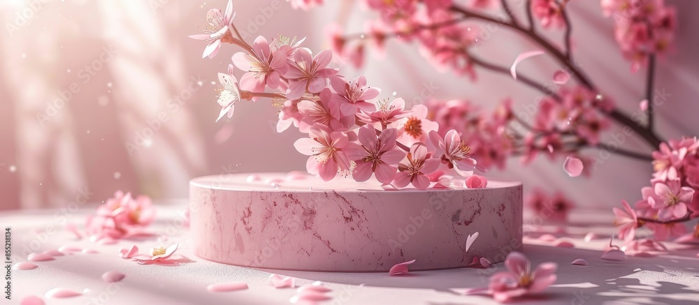 Pink Blossom Display on Marble Pedestal Pink Blossom Display on Marble Pedestal
