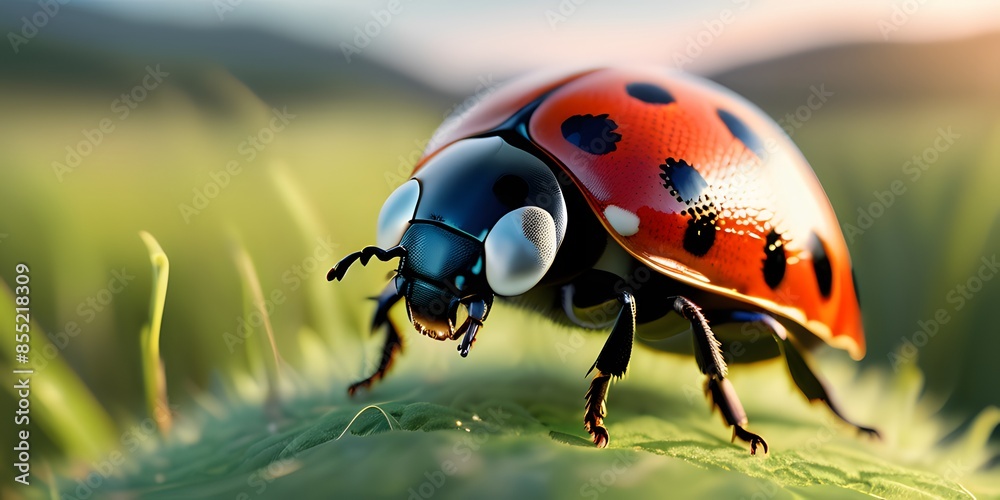 ladybird macroshot with meadow and sunset in background. Extremely detailed and realistic high resolution illustration ladybird macroshot with meadow and sunset in background. Extremely detailed and realistic high resolution illustration