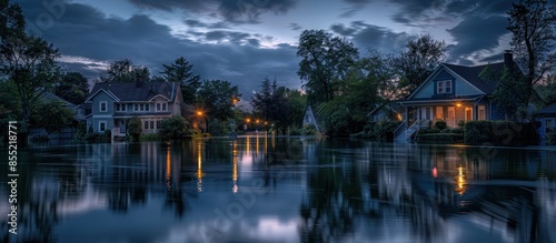 Flooded Street at Dusk with Houses and Streetlights