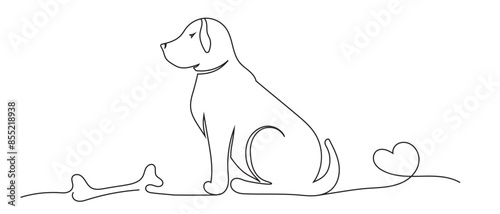 Dog one line art vector icon with bone, dog one line art, Sitting dog linear sketch isolated on white background. Silhouette of abstract dog and bone line drawing. Vector illustration