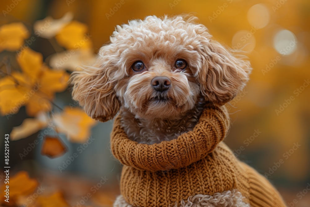 Adorable dog in a knitted sweater during autumn, ideal for seasonal pet content or fashion themes. Adorable dog in a knitted sweater during autumn, ideal for seasonal pet content or fashion themes.