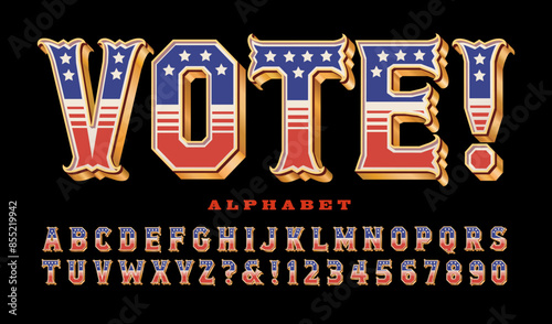 Vote! is a red, white, and blue lettering style incorporating the United States flag. Ideal for election year headlines and banners.