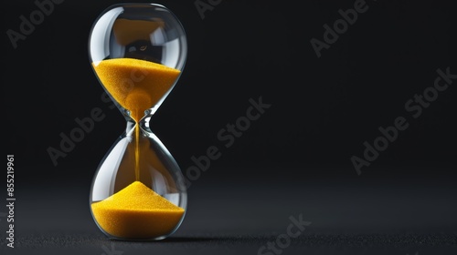 Countdown visualized by yellow sand trickling in an hourglass, dark empty black background, emphasizing the passage of time and urgency of a deadline approaching