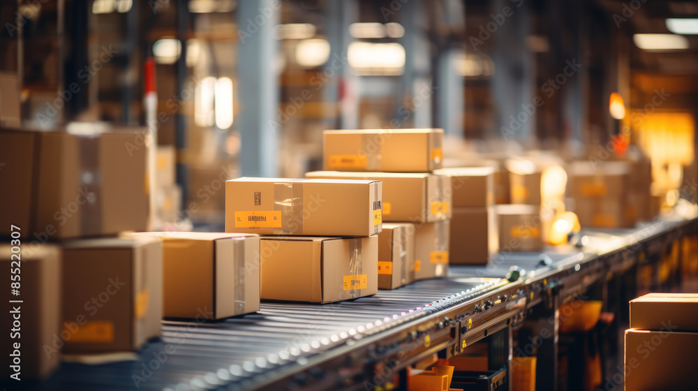 generated illustration of cardboard boxes sitting on a conveyor line at a production facility, generated illustration of cardboard boxes sitting on a conveyor line at a production facility,