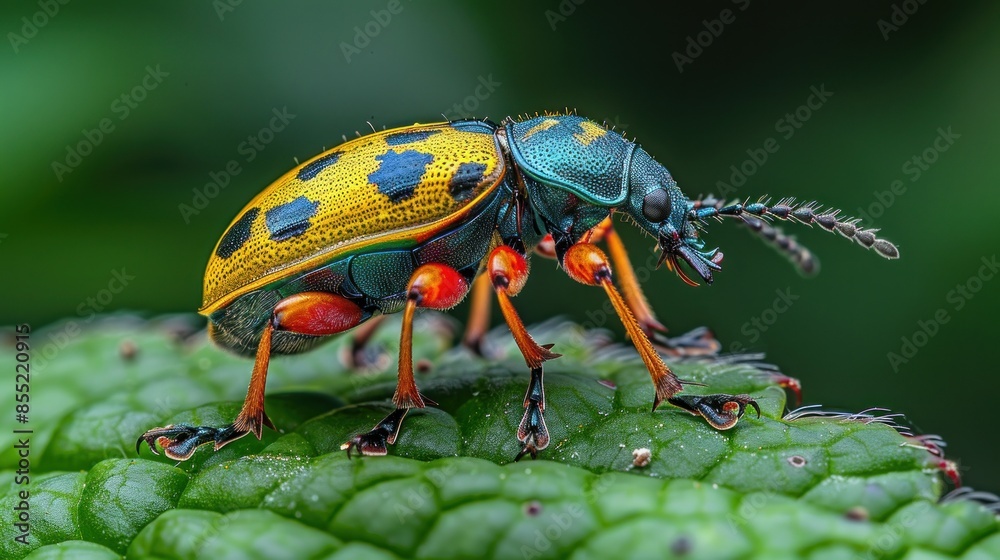 Naklejka premium Close-up of a Vibrant Beetle on a Green Leaf