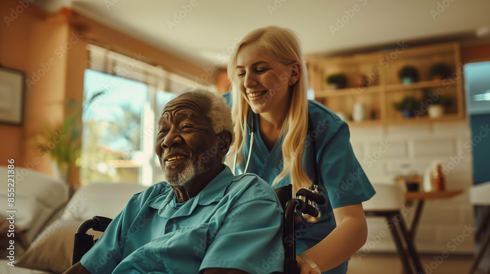 Nurse assisting elderly man in wheelchair. Nurse assisting elderly man in wheelchair.