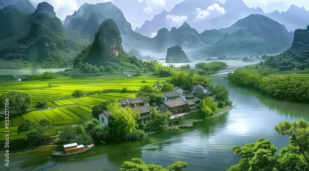 Peaceful River Scene with Green Rice Fields Peaceful River Scene with Green Rice Fields