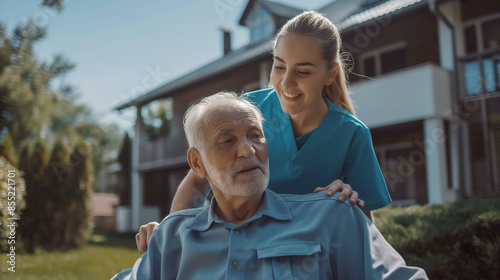 Nurse assisting elderly man in wheelchair outside. photo