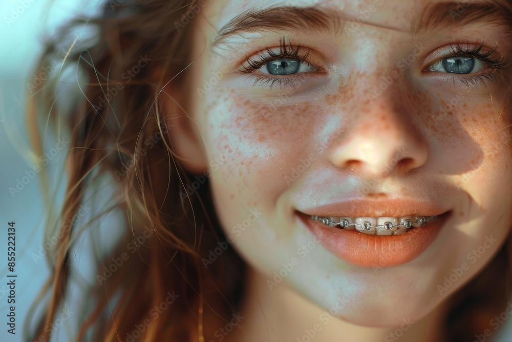 Close up portrait of a young smiling woman with braces and freckles Close up portrait of a young smiling woman with braces and freckles