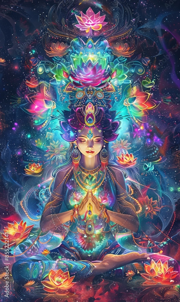 Meditative Goddess Surrounded by Glowing Lotuses Meditative Goddess Surrounded by Glowing Lotuses