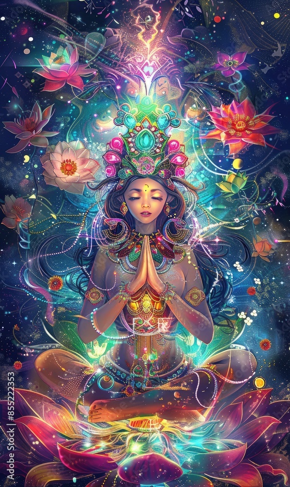 Meditative Goddess Surrounded by Glowing Lotuses Meditative Goddess Surrounded by Glowing Lotuses