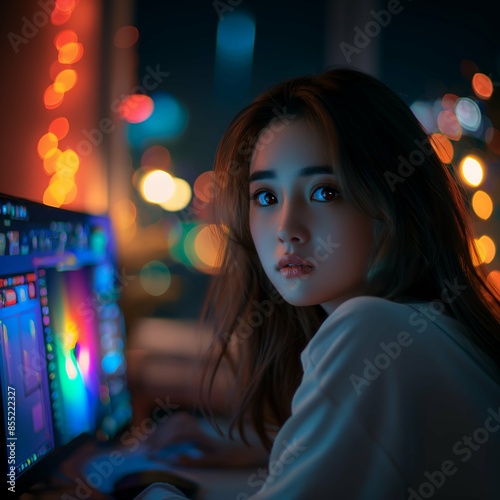 Captivating Evening Portrait of a Young Woman in a Digital Art Studio, Intense Focus and Colorful Lights: A Nighttime Scene of Creativity
