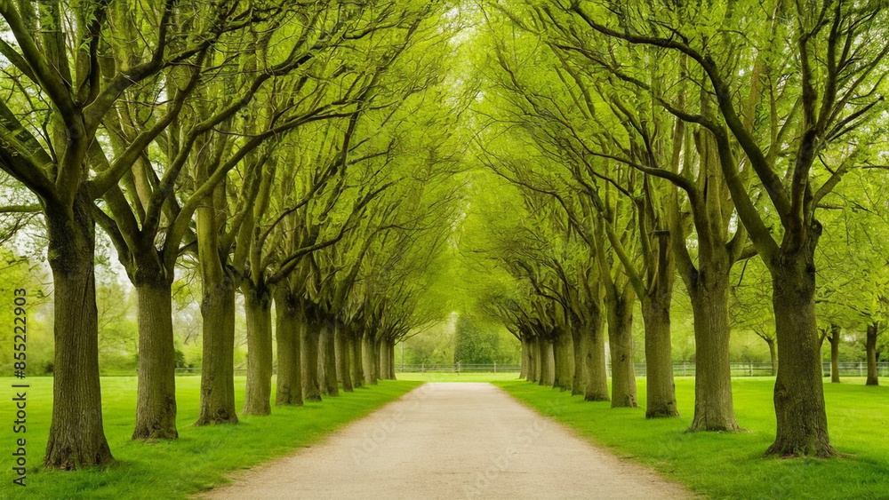 Fototapeta premium Lime tree avenue resembling a tunnel in spring, with fresh green foliage, located in the park of Hundis burg Castle, Germany, Europe