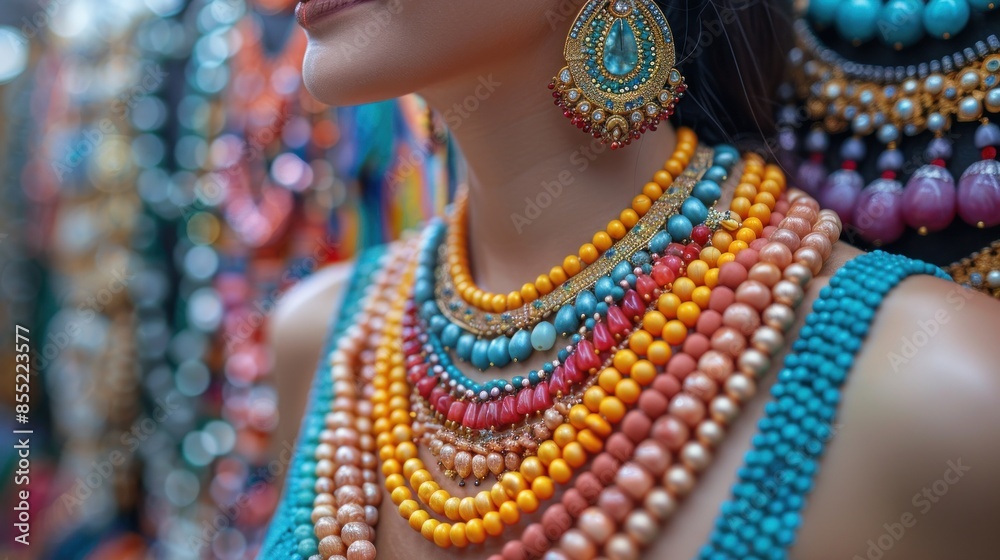 Close-Up of a Woman Wearing Multiple Colorful Necklaces Close-Up of a Woman Wearing Multiple Colorful Necklaces