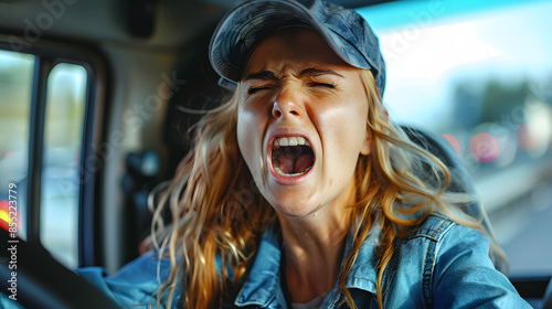 angry woman truck driver yelling to somebody in traffic, road rage concept isolated on white background, simple style, png photo