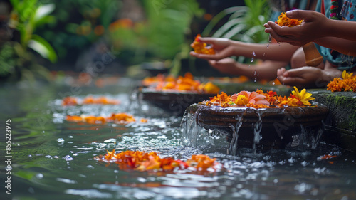 An ancient cleansing ritual at the sacred Tirta Empul spring in Ubud, Bali, Indonesia.generative ai photo