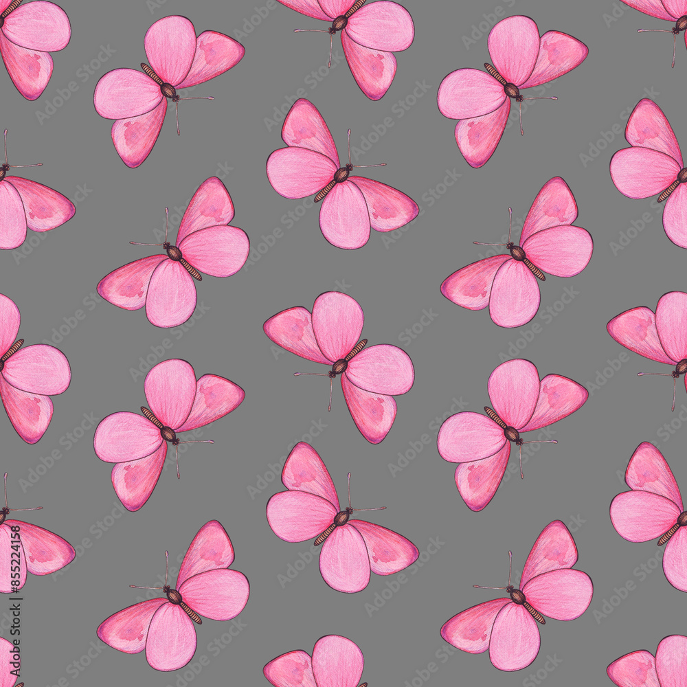 Seamless pattern repeating watercolor butterfly in pink shades on gray background, wrapping paper, packaging, textile, cover