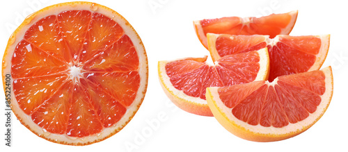 close up group of cut grapefruit one  half sliced citrus fresh fruit collection set, PNG transparent background photo