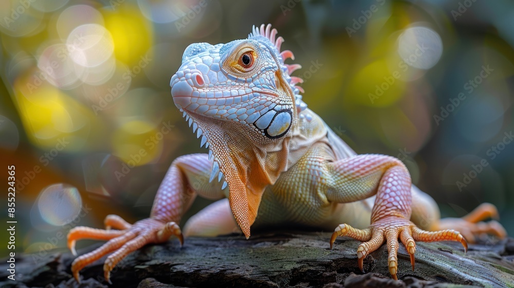 Albino Iguana on a Branch with a Bokeh Background