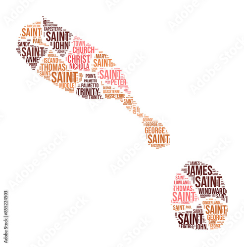 Saint Kitts and Nevis word cloud. Country shape with region division. Saint Kitts and Nevis typography style image. Region names tag clouds. Vector illustration.