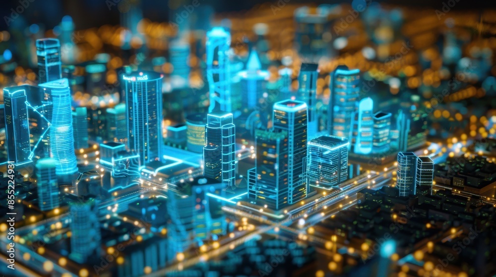 A digitally rendered cityscape with buildings glowing in neon blue, creating a futuristic and vibrant atmosphere. A digitally rendered cityscape with buildings glowing in neon blue, creating a futuristic and vibrant atmosphere.