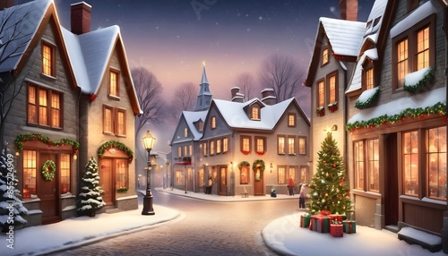 Charming Snow-Covered Christmas Village at Twilight, Festive Holiday Scene with Decorated Houses and Trees. Christmas Card.