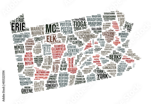 Pennsylvania Word Cloud. State shape with county division. Pennsylvania typography style image. County names tag clouds. Vector illustration.