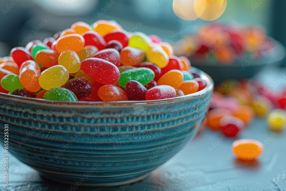 A bowl overflowing with assorted jelly beans in various bright colors, with a soft focus background. A bowl overflowing with assorted jelly beans in various bright colors, with a soft focus background.