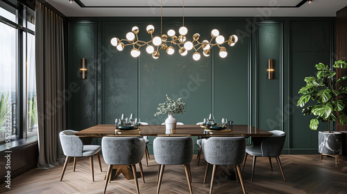 Elegant dining room with a large wooden table, grey upholstery, and sophisticated decor elements photo