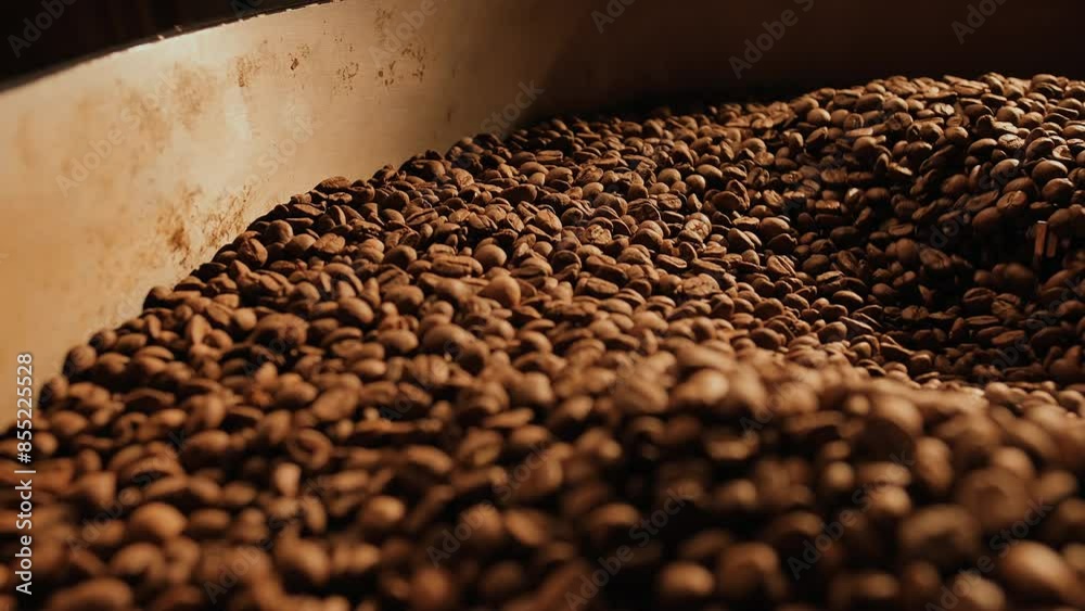 Coffee roaster. Close-up roasted high quality beans mixing around on a cooling plate of industrial roaster. Coffee industry Coffee roaster. Close-up roasted high quality beans mixing around on a cooling plate of industrial roaster. Coffee industry
