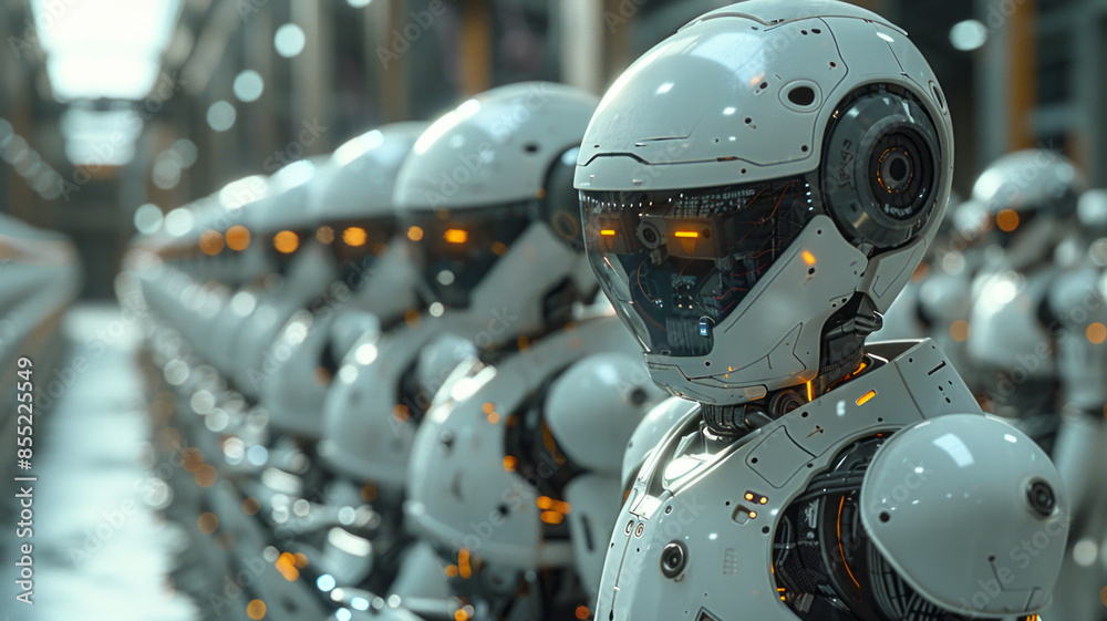 A futuristic classroom: robotic students, one puzzled human.generative ai A futuristic classroom: robotic students, one puzzled human.generative ai