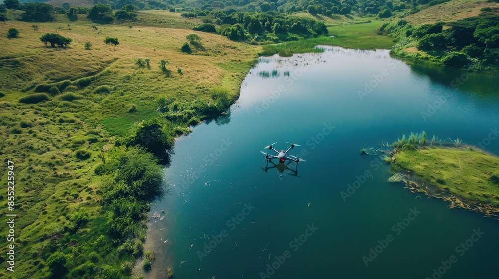 A drone hovers above a tranquil lake surrounded by verdant hills and lush vegetation. A drone hovers above a tranquil lake surrounded by verdant hills and lush vegetation.
